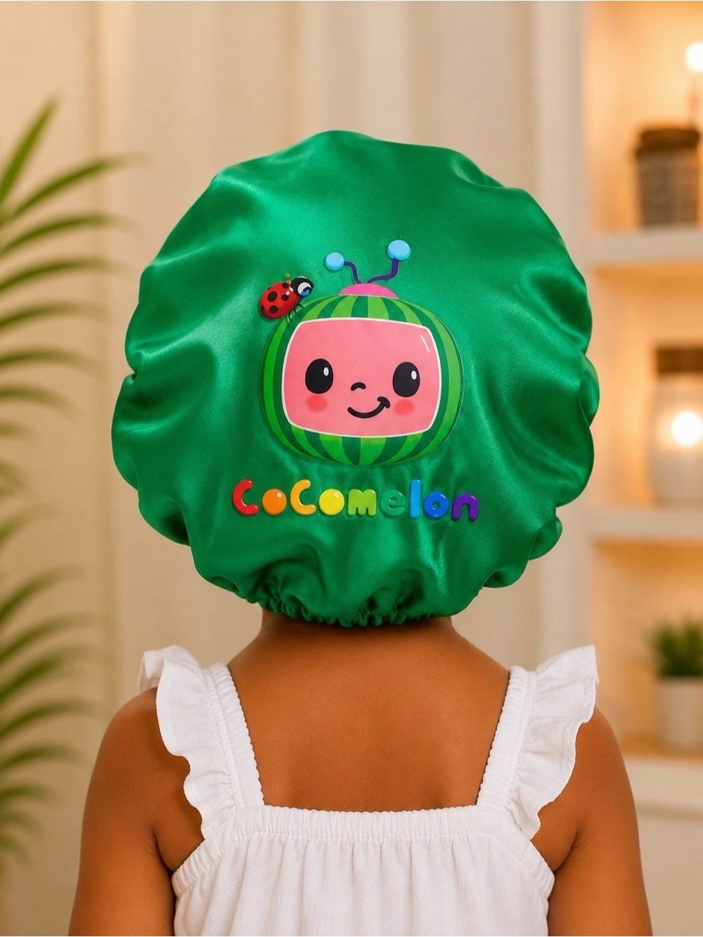 CoComelon Green Satin Kids Shower Cap with Watermelon TV Graphic
